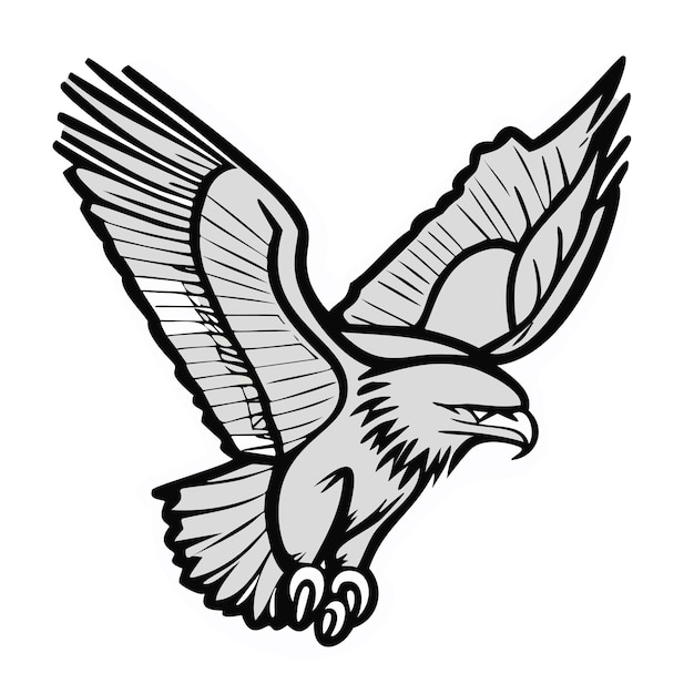 Vector black and white line drawing of an eagle in flight on white background