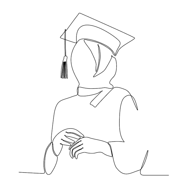 A black and white line drawing of a graduate wearing a graduation cap