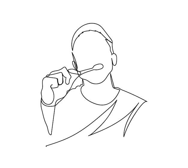 A black and white line drawing of a person brushing their teeth
