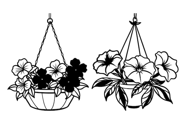 black and white line illustration of a hanging basket containing flowers