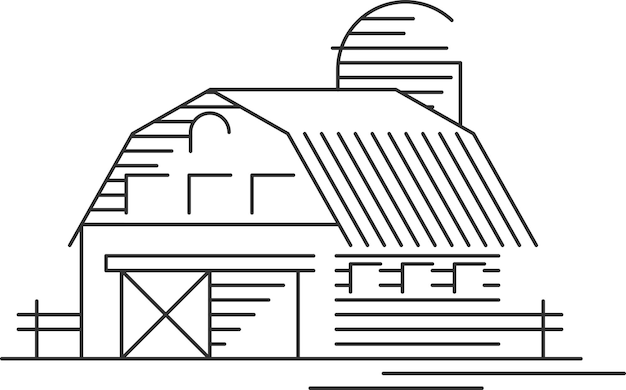 Vector black and white line minimalist drawing of barn building