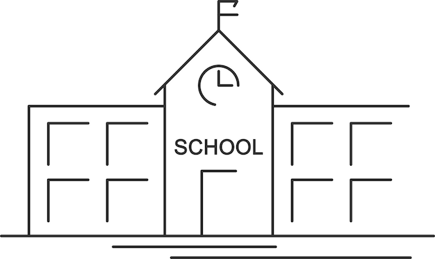 Минималистский черно-белый рисунок школьного здания с часами на фасаде