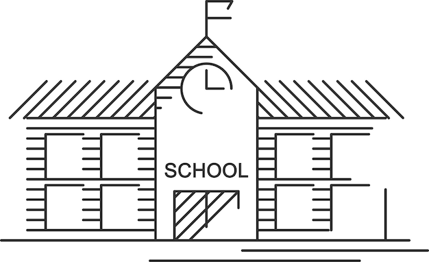 Black and white  line minimalist drawing of school building with clock on the front