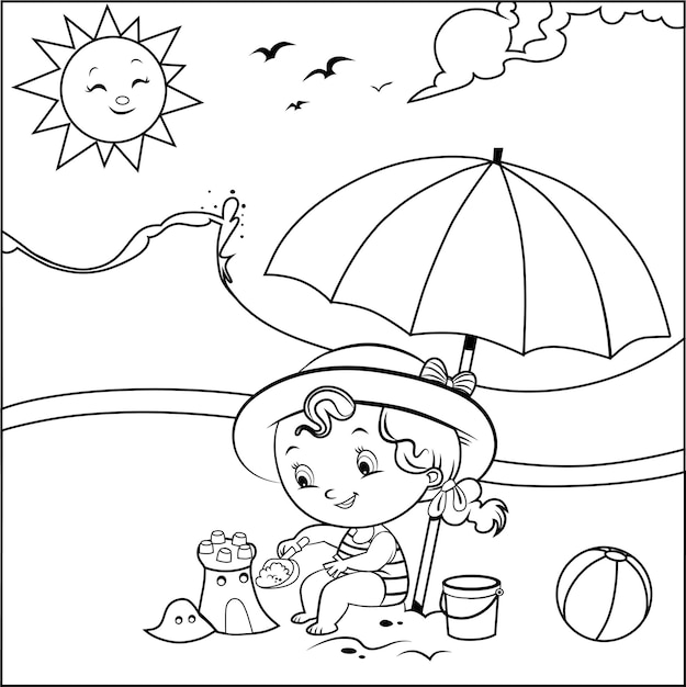 Black and white little girl builds a sand castle on the beach vector illustration