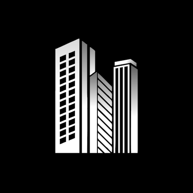 가운데 건물이 있는 건물의 흑백 로고.