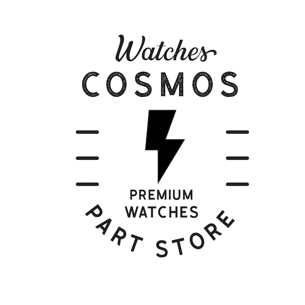 Черно-белый логотип с надписью «Часы и часы премиум-класса «Космос» — магазин запчастей».