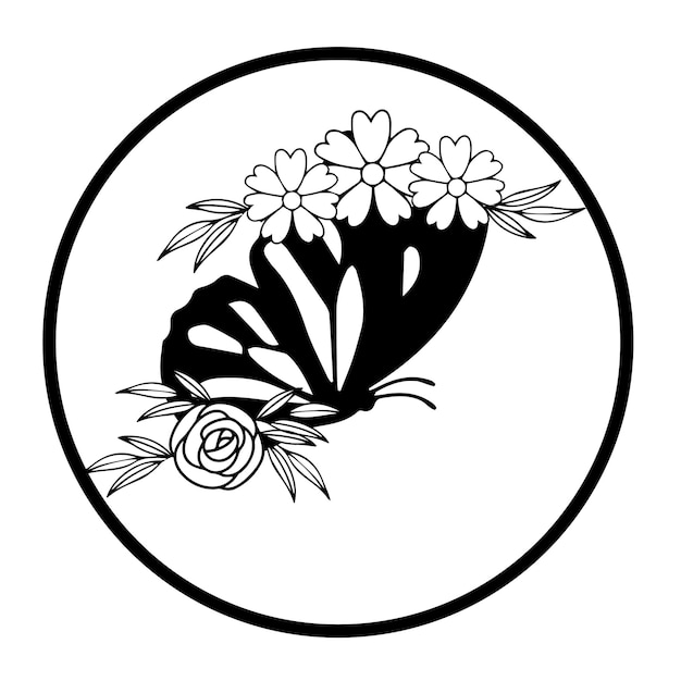 A black and white logo with a bunch of flowers in the middle.