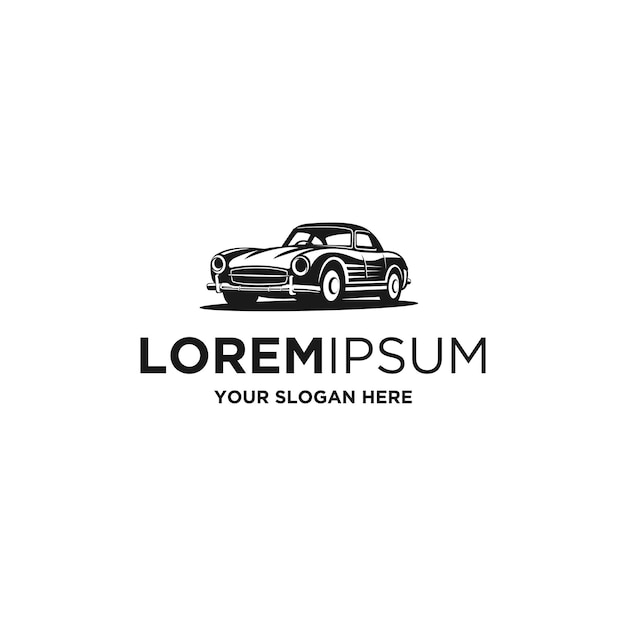 A black and white logo with a car