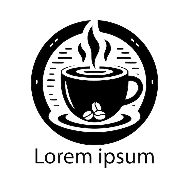 a black and white logo with a cup of coffee