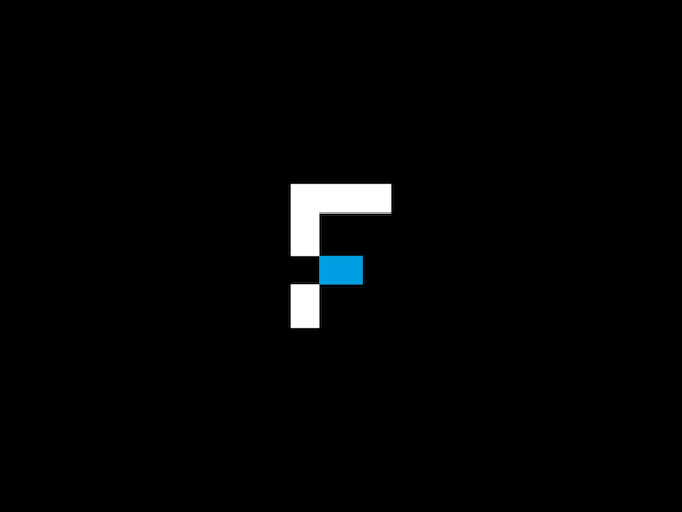 A black and white logo with the letter f on a black background