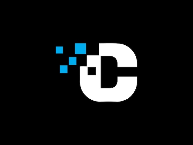 A black and white logo with the letters d and a pixel effect