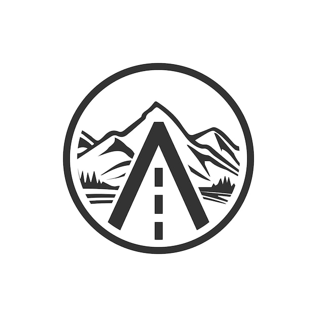 Black and white logo with a road and mountains in the middle