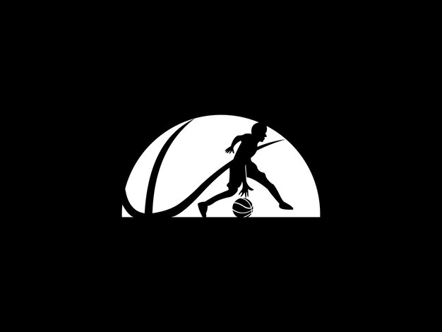 A black and white logo with a woman in a white shirt and a ball