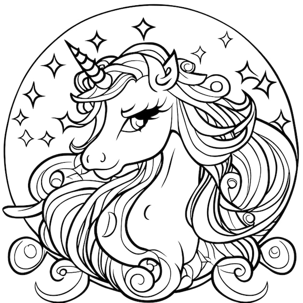 black and white magic unicorn vector illustration line art