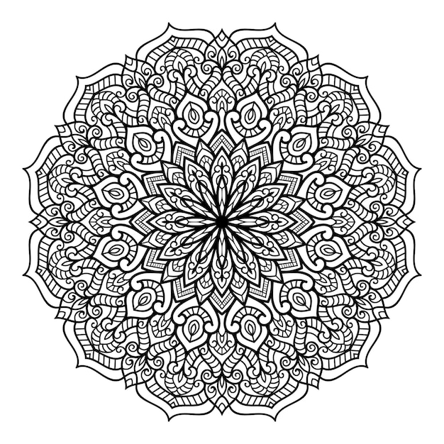 Черно-белый вектор цветочного узора мандалы изолирован на белом фоне для оформления раскраски страниц