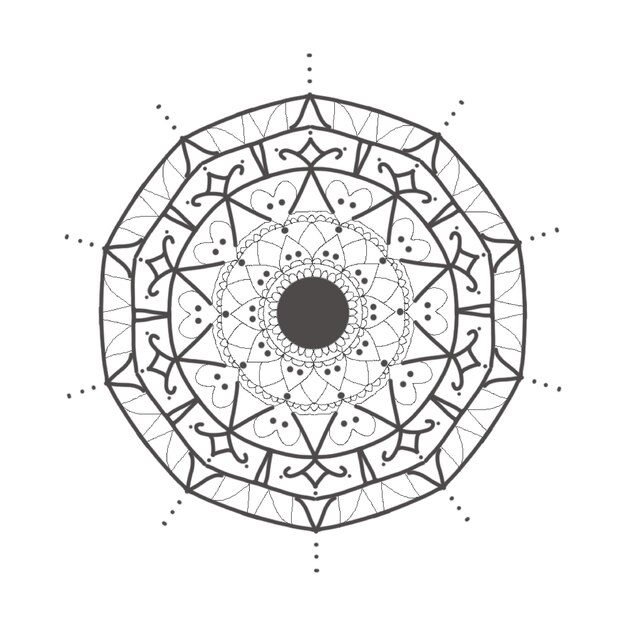 a black and white mandala with a circle in the center.
