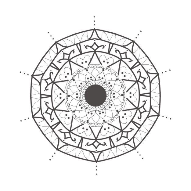 A black and white mandala with a circle in the center.