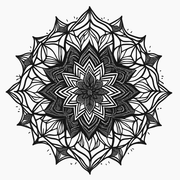 Black and white mandala with a flower pattern.