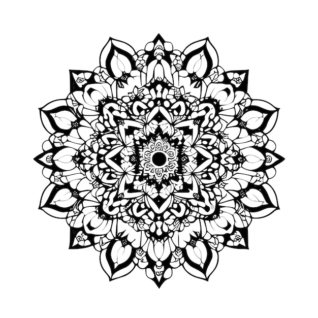 Black and white mandala with a flower pattern.