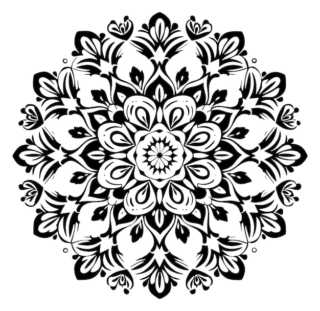 A black and white mandala with a flower pattern.