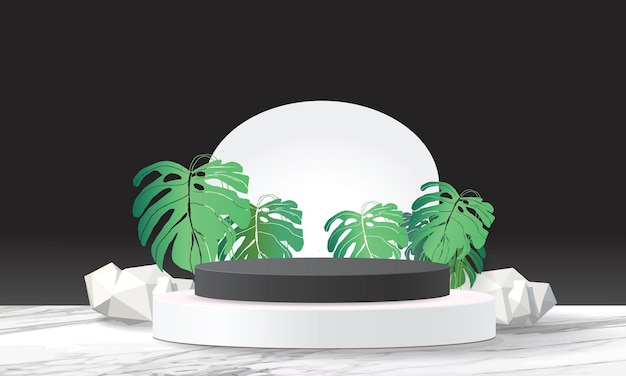 Black and white marble podium for show 3d vector modern product studio