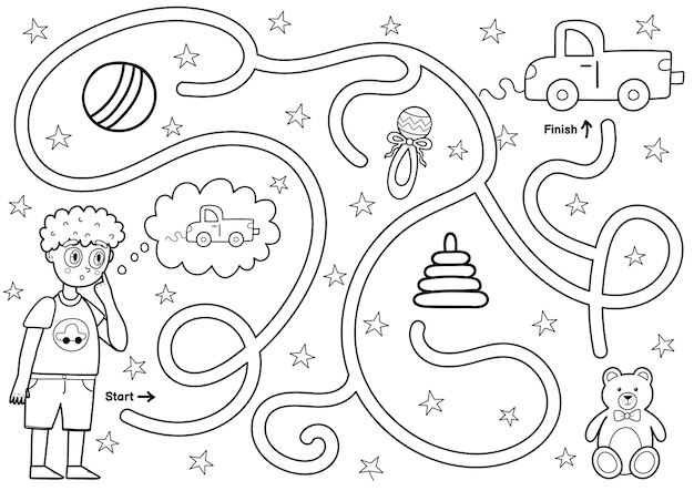 Black and white maze game for kids Help little boy find the way to toy car Printable labyrinth activity for children 