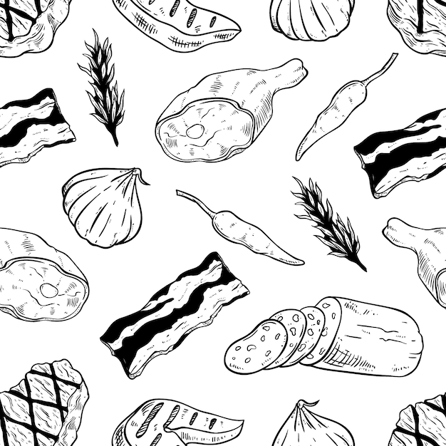 Black and White Meat and Steak in Seamless Pattern With Hand Drawn Style