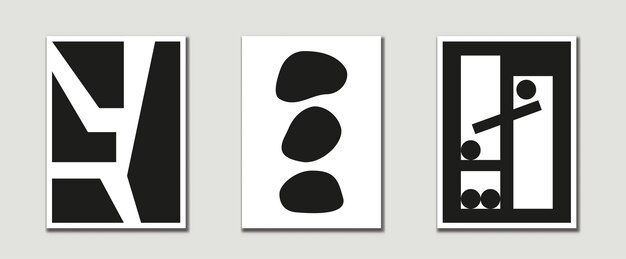 Vector black and white mid century modern art prints with organic natural shape