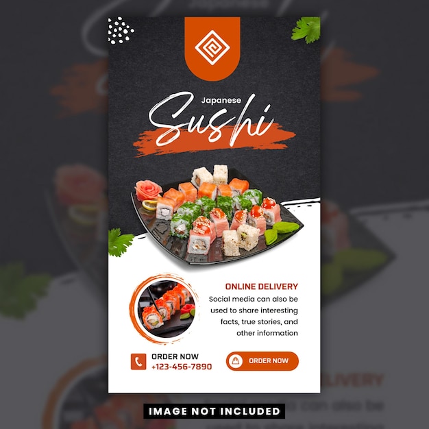 Vettore storia di instagram di sushi giapponese minimo bianco nero