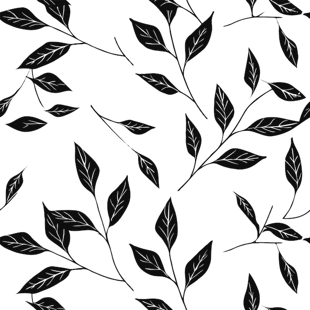 Vector black and white minimal twig with leaves pattern