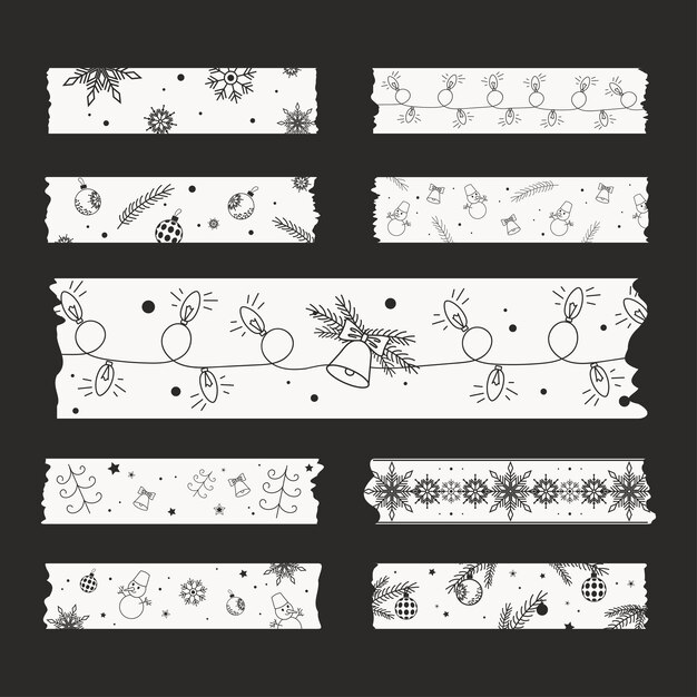 Black and white minimalistic ribbons Washi tape sticker set christmas themed new year clipart