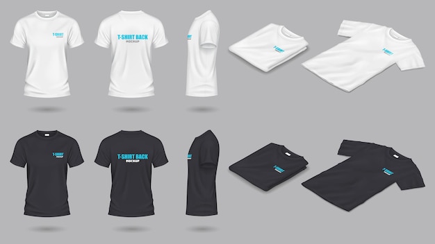 Black and white mockup tshirts realistic illustration set