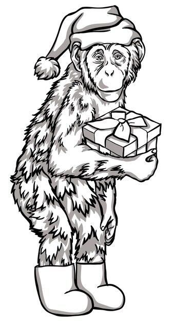 Black and white monkey with a gift Vector illustration. Chinese New Year symbols