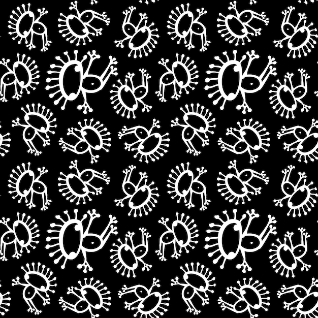 Black white monochrome doodle alien frog seamless pattern vector