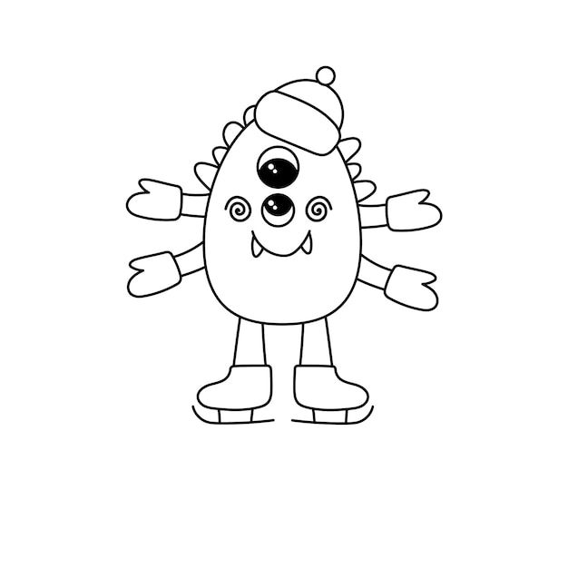 A black and white monster in a hat and on skates A winter monster with a smile Vector doodle illustration