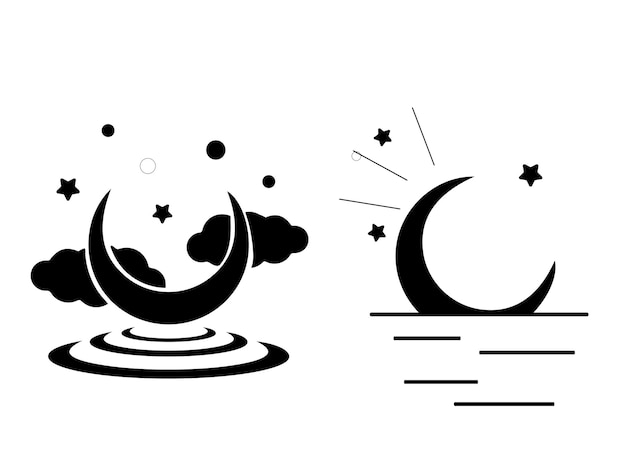 Vettore luna e stelle in bianco e nero su sfondo bianco.