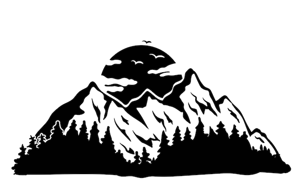 Vettore paesaggio di montagna in bianco e nero montagne con foresta