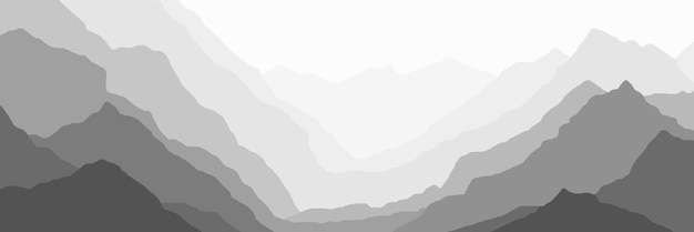 Vector black and white mountain landscape ridges in the fog panoramic