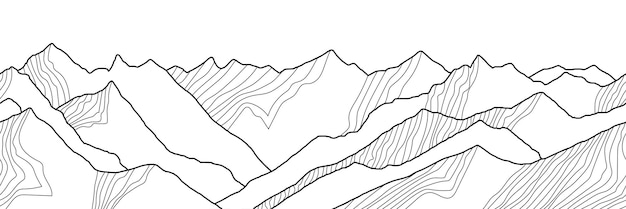 Vector black and white mountain line arts wallpaper seamless border imitation of mountain ranges background