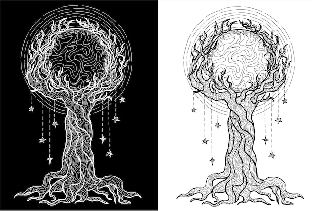 Black and white mystic fantasy tree line art vector illustration