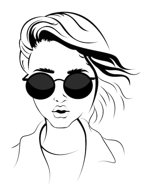 A black and white outline drawing of a girl with sunglasses and a jacket