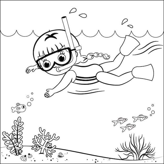 Black and white outline drawing of a swimming girl vector illustration