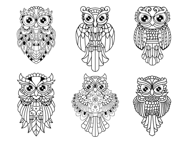 Vector black and white  outline owl set