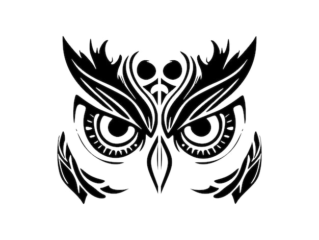 A black and white owl face tattoo illustrating Polynesian designs