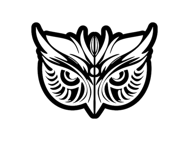 A black and white owl face tattoo with Polynesian designs