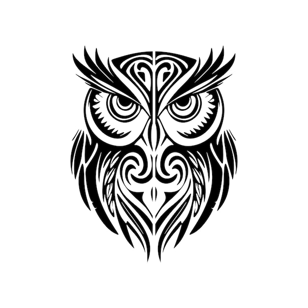 A black and white owl tattoo adorned with Polynesian designs