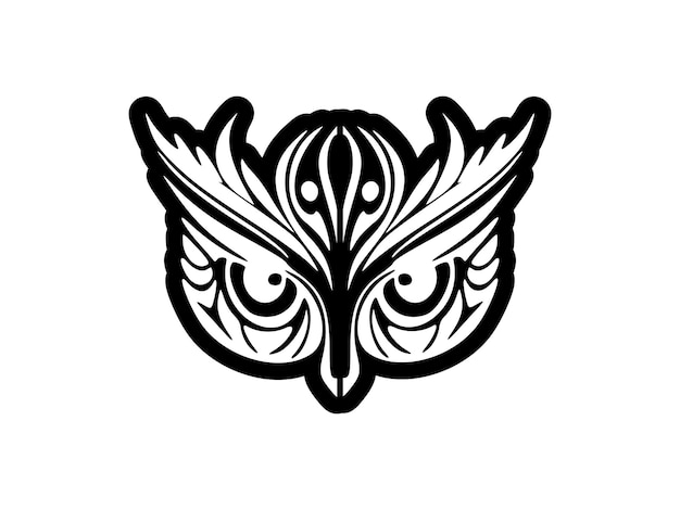 A black and white owl tattoo with Polynesian designs on its face