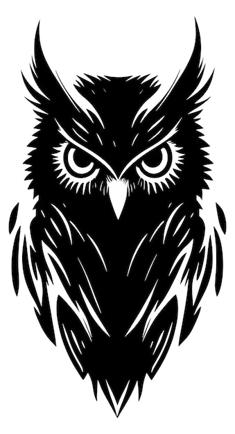 Vector black and white owl with a black face and yellow eyes.