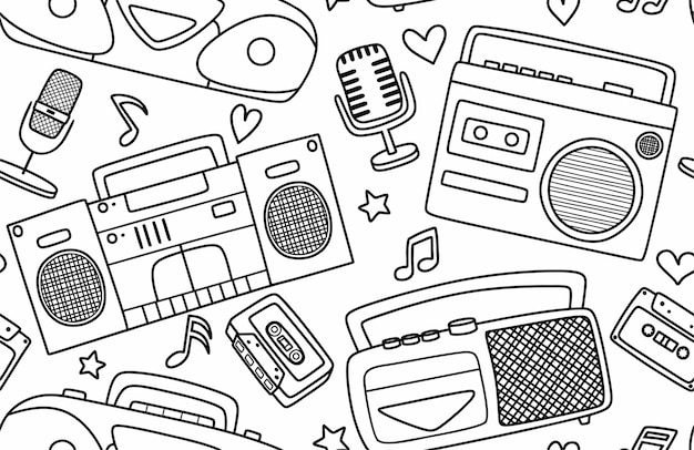 Black and white pattern of a cassette player and a microphone