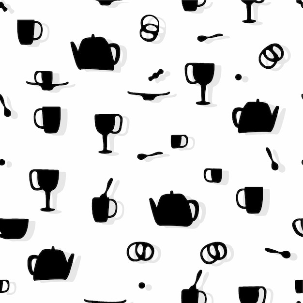 A black and white pattern of cups and spoons with the words teapots and cups.